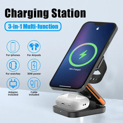 30W 3-in-1 Foldable Magnetic Wireless Charging Station Stand
